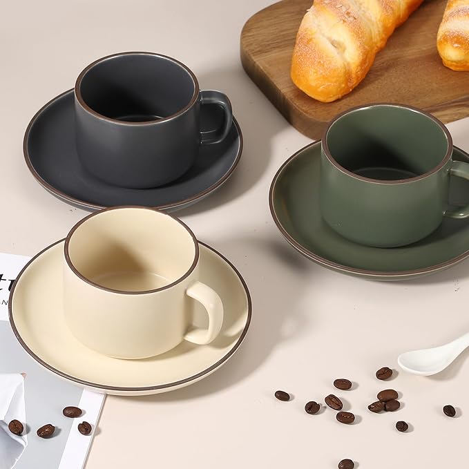 uxcell Handmade Vintage Espresso Cups, 8 oz Coffee Cups and Saucers Ceramic Tea Cup with Handle Dishwasher and Microwave Safe for Latte Cappuccino Milk Office Home Gifts, Pure Gray Blue