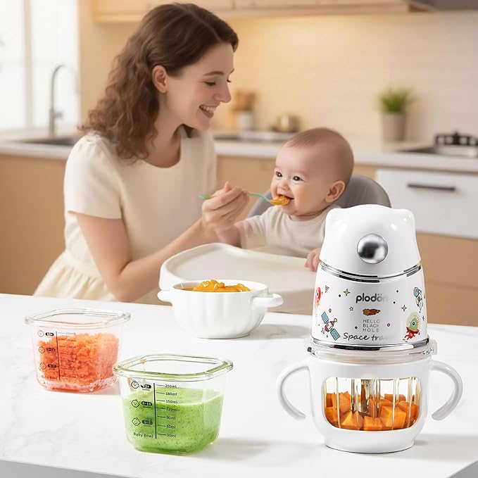 Baby blender food maker, PLODON 15-in-1 baby food processor set, suitable for vegetables, fruits and meat, compatible with stage-based recipes, separator, silicone spoon, scraper, (silver)