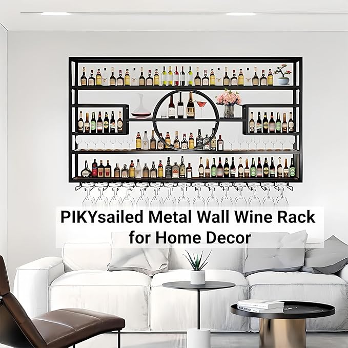 55" Metal Wine Rack Wall Mounted, Multi Functional Bar Shelves for Liquor Bottles with Glass Holder, Modern Wood Bar Shelves Wall Mounted for Home Bar & Dining Room, Black(57" Height)