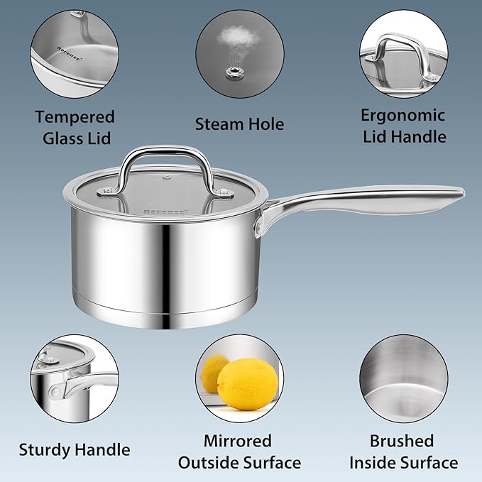 Rorence 2.5 QT Stainless Steel Saucepan, Sauce Pan with Clear Transparent Tempered Glass Lid for Sauce Gravy Pasta Vegetable, Induction Small Cooking Pot for All Stoves, Oven & Dishwasher Safe