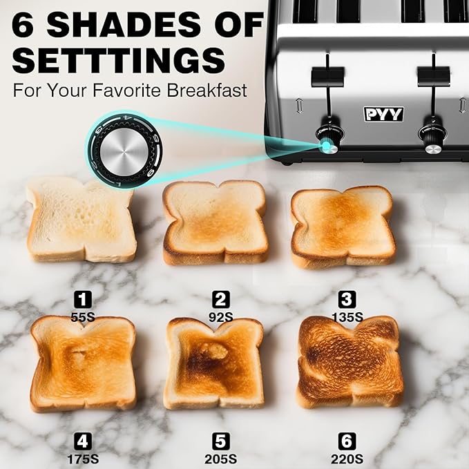 PYY Commercial Toaster 4 Slice for Restaurant - Wide Slots 1.57 inch Stainless Steel 6-Level Setting, 225 Slices/Hour 1800W - Bread, Bagels, Breakfast, Toast