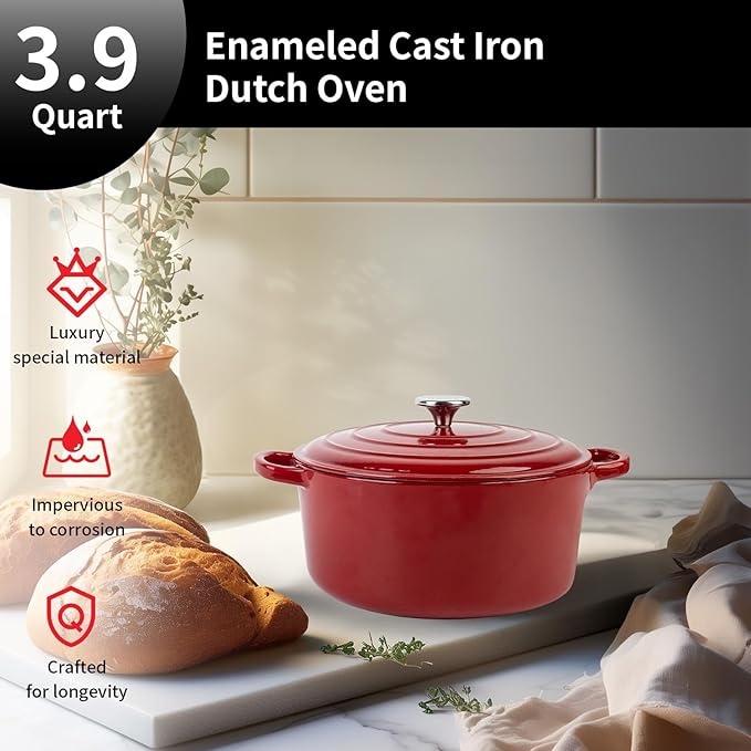 Enameled Cast Iron Dutch Oven Pot with Lid, 3.9 Quart Dutch Oven for Bread Baking, Oven Safe up to 500째 F, Suitable for Bread Baking, Braising, Roasting, Stews, Red