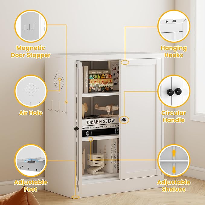 34.5" Metal Storage Cabinet with 2 Adjustable Shelves, Kitchen Pantry Cabinet with Ventilation Holes and Hooks for Home, Living Room, Pantry (White)