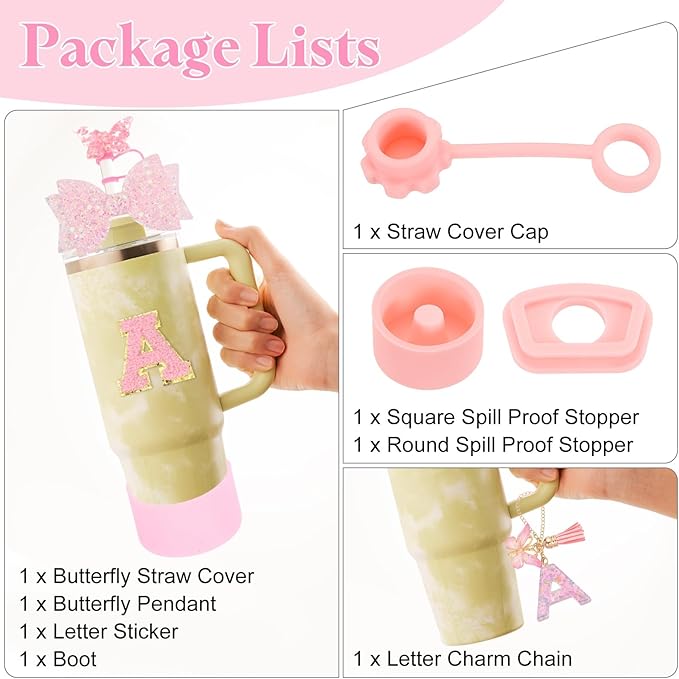 uxcell 8Pcs Cup Accessories Set for Cup Tumbler with Handle, Including Silicone Straw Cover, Boot, Spill Proof Stopper, Handle Charm, Initials Sticker(Letter A, Pink)