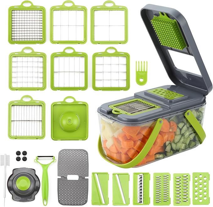 DOSMAMZ 22PCS Multi-function Vegetable & Fruit Chopper, Mandolin Food Slicer, Veggie Shredder with Container, Essential Kitchen Gadgets (22 in 1, Gray)