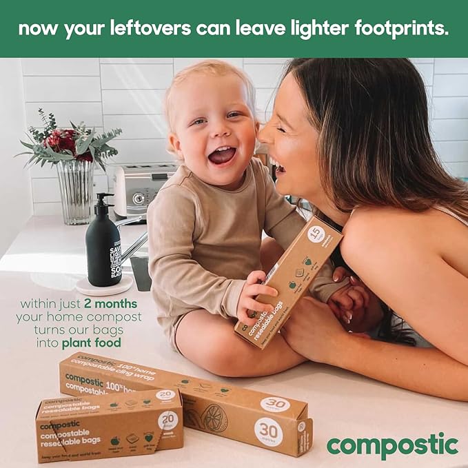 Compostic Home Compostable Resealable Gallon Bags, Microwave & Freezer Safe, Organic Food Storage Container, 90 Count + 10 Bonus Bags