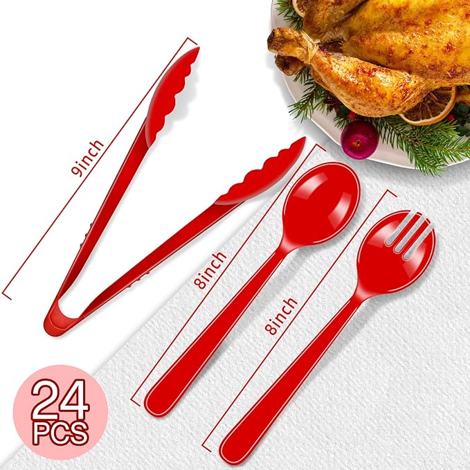 Reusable Serving Utensils Set 24 Pcs - 8 Heavy Duty Plastic Tongs, 8 Spoons & 8 Forks | Dishwasher Safe Buffet & Party Supplies for Wedding, Catering, Holidays