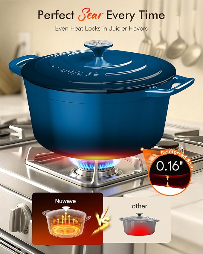 Nuwave 6QT Healthy Enameled Cast Iron Dutch Oven Pot with Lid, Heavy Duty 7-Layer Enamel, Enhanced Rust Protection, Dual Handles, Oven Safe to 500째F for Sourdough Bread Baking, Braise, Stew, Roast