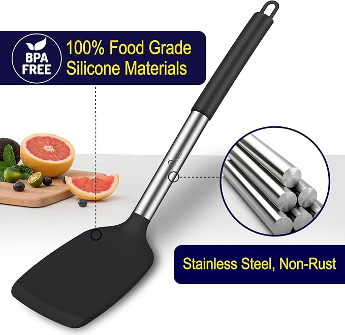 HOTEC Silicone Spatula Set of 2 Heat-Resistant 600째F & BPA-Free Kitchen SaptulaTurner with Stainless Steel Handles, Slotted & Solid Spatulas for Nonstick Cookware, 13.7 Inch, Black