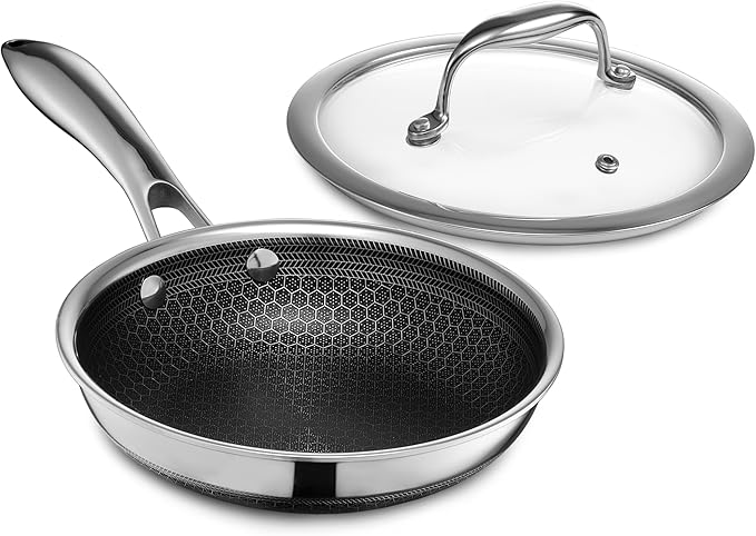 HexClad Hybrid Nonstick 7-Inch Frying Pan with Tempered Glass Lid, Stay-Cool Handle, Dishwasher-Friendly, Oven-Safe Up to 900째F, Induction Ready, Compatible with All Cooktops