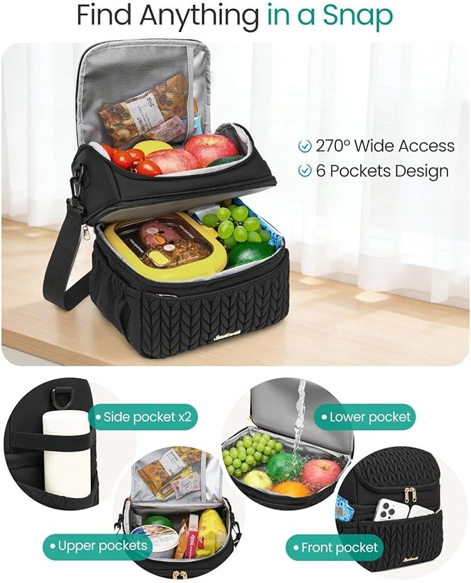 LEADVENST Lunch Bag Women, Double Deck Insulated Lunch Box - Large Capacity 12L with Detachable Divider for Tall Items, Leakproof, Durable & Reusable Cooler Bag For Work Picnic Travel, Quilted Black