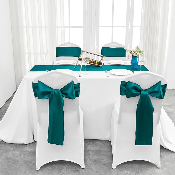 4-Pack Peacock Blue Satin Table Runner 12 x 108 Inch Long Bright and Smooth Silk Fabric Table Runner for Wedding Banquet Birthday Party Decoration