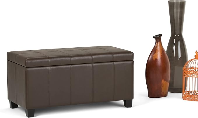SIMPLIHOME Dover Storage Ottoman Bench - 36 inch Wide Upholstered Vegan Leather Rectangular Lift-Top Ottoman in Chocolate Brown, Contemporary Bench for Living Room with Safety Hinges