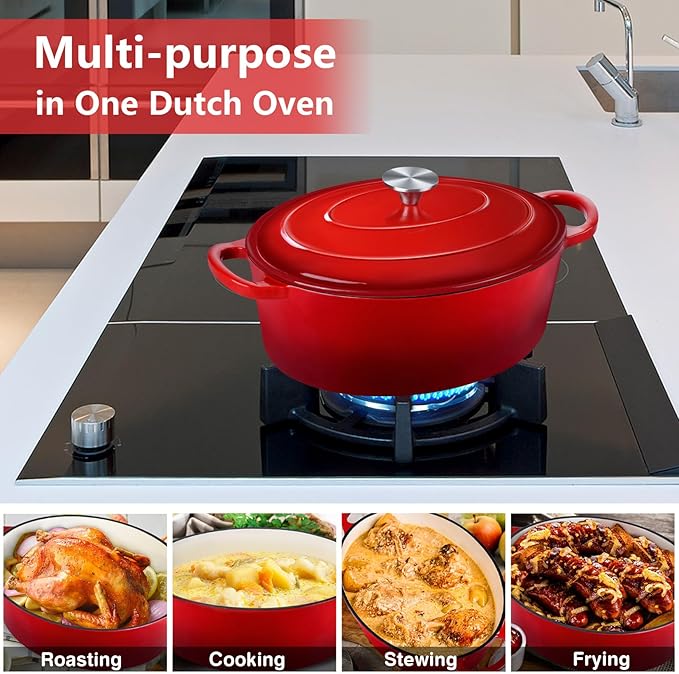 P&P CHEF Oval Dutch Oven with Lid, Enameled Cast Dutch Oven Pot for Bread Baking, Braising, Stewing, Roasting, Non-Stick & Oven Safe, Dual Handles & Easy Clean, 5QT & Red