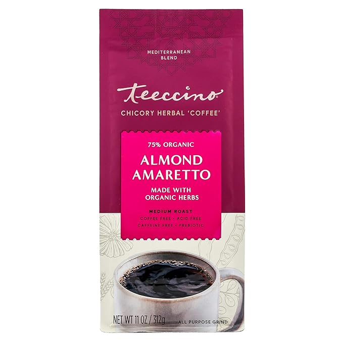 Teeccino Almond Amaretto Chicory Coffee Alternative - Ground Herbal Coffee That?™s Prebiotic, Caffeine Free & Acid Free, Medium Roast, 11 Ounce (Pack of 6)