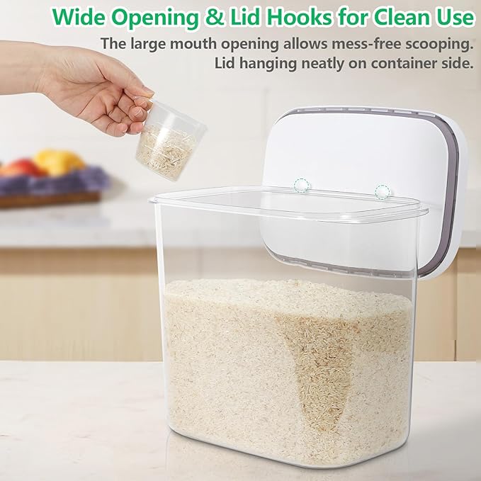 Airtight Rice Container 25 Lbs with Handle and Cup ??12.68Qt Large Flour Sugar Storage Container with Pop Up Seal & Hanging Lid Hooks, Clear Tall Food Storage Bin for Kitchen Pantry Organization