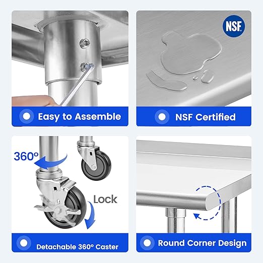 Hally Stainless Steel Table for Prep & Work 24 x 30 Inches with Caster Wheels, NSF Commercial Heavy Duty Table with Undershelf and Backsplash for Restaurant, Home and Hotel