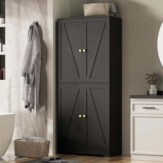 LYNSOM Farmhouse Pantry Storage Cabinet Set of 2, 72" Tall Kitchen Pantry Cabinet with 4 Barn Doors and Adjustable Shelves, Black Storage Cabinets for Kitchen, Dining Room, Black