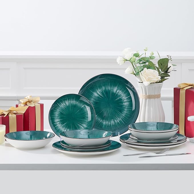 Bestone Porcelain Dinnerware Sets Service for 4, 12 pcs Hand drawn Plates and Bowls Sets, Handmade Ceramic Dish Set, Chip Resistant Modern Plate Set, Dishwasher/Microwave Safe竊똕tarburst Green