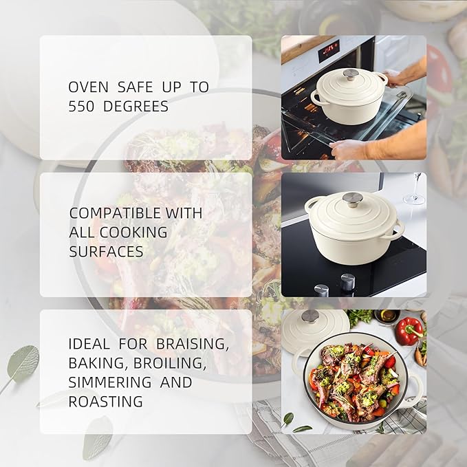 3 Quart Dutch Oven Enameled Cast Iron with Lid - Big Dual Handles - Oven Safe up to 500째F - Classic Round Pot for Versatile Cooking Cream