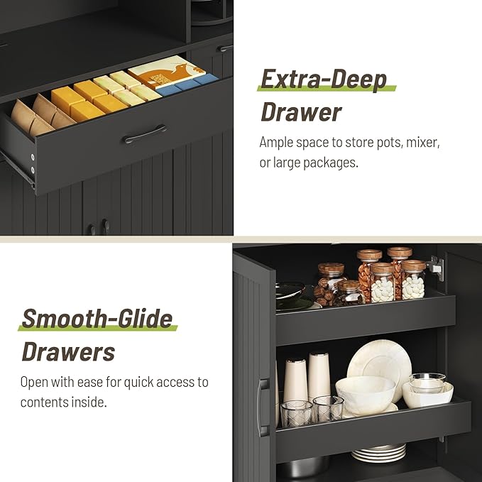 Pantry Cabinet, 67.7" Tall Kitchen Pantry Storage Cabinet with 360째 Rotating Shelf & 2 Pull-Out Racks, Freestanding Kitchen Hutch with Charging Station & Drawer, for Dining Room, Black