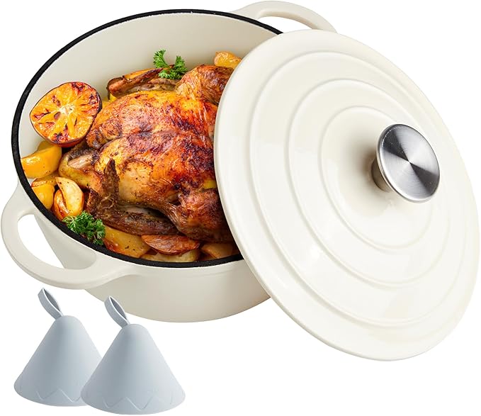 4.5 Quart Dutch Oven Enameled Cast Iron with Lid - Big Dual Handles - Oven Safe up to 500째F - Classic Round Pot for Versatile Cooking Cream