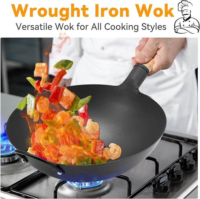 WANGYUANJI 14.2 Inch Round-Bottom Iron Wok, Deep Chinese Stir-Fry Pan (Seasoning Required), Wok Ring Required, Not Flat-Top/Induction ??No Lid, No Ring,Wooden Handle, Coating-Free