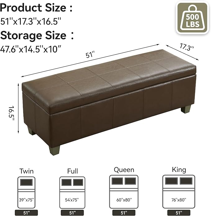 WUTUTUEE 51" Faux Leather Storage Ottoman, Stitch Tufted Rectangle Upholstered End of Bed Storage Bench, Entryway Large Couch Ottoman with Wooden Legs, Coffee