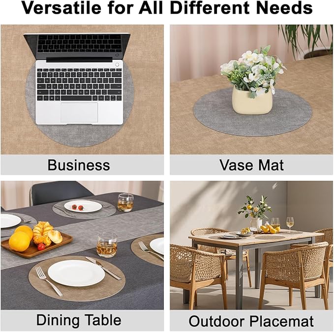 Myir JUN Reversible Vinyl Round Placemats Set of 8, Faux Leather Place Mats Dual Sided Waterproof Oilproof Wipeable, Heat-Resistant Table Mats for Kitchen Dining Indoor Outdoor (14", Light Gray Beige)