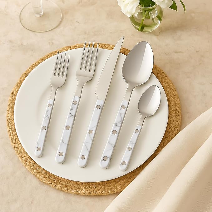 Khen 20-Piece Cutlery Set ??Includes Dinner Knives, Forks, Spoons, Salad Forks & Teaspoons ??Dishwasher Safe Cutlery Set for Home, Kitchen, Parties & Special Occasions ??Carrera Pattern Handles