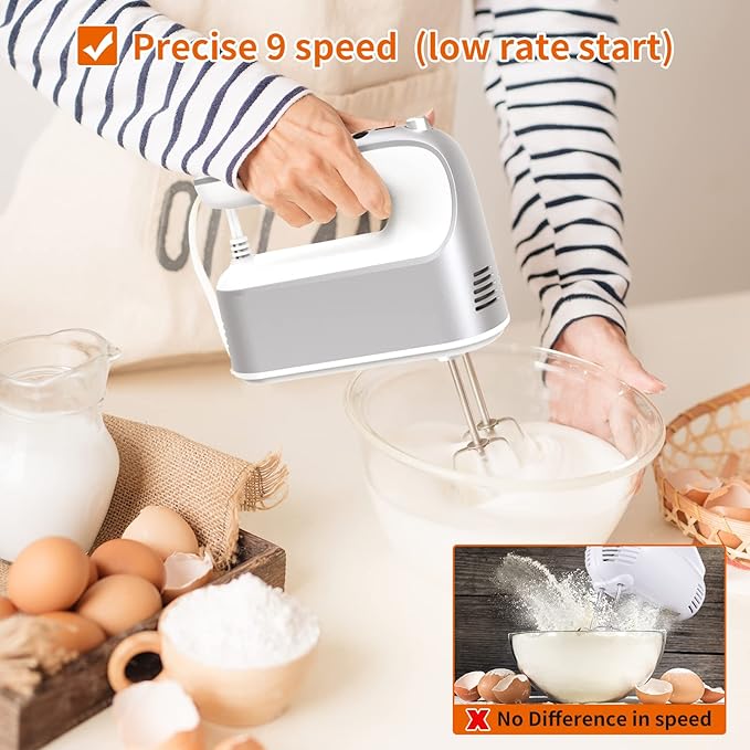9-Speed Digital Hand Mixer Electric, 400W Powerful DC Motor, Baking Handheld with Snap-On Storage Case, 5 Stainless Steel Accessories, Flat Beaters, Dough Hooks, Whisk(Silvery White)