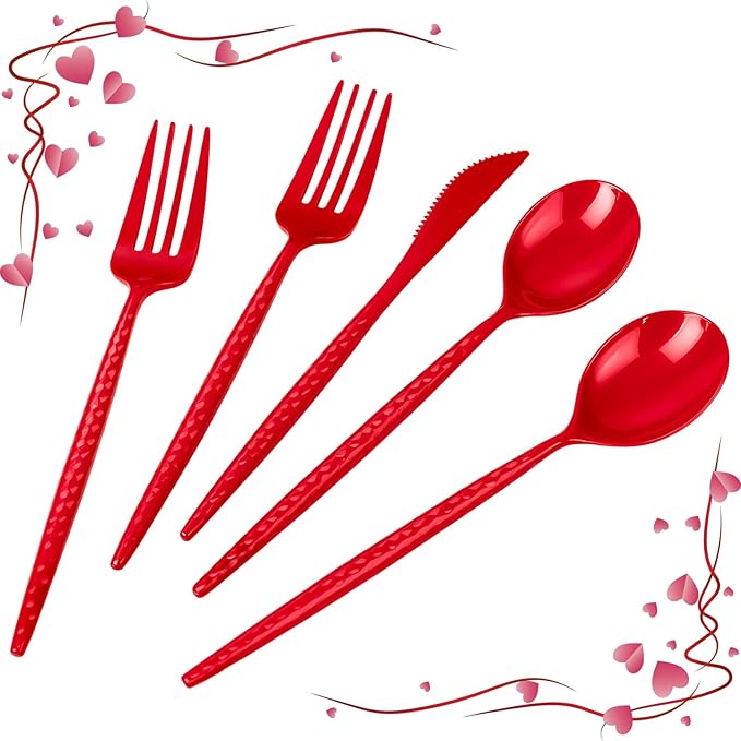 LIYH 150 Pcs Red Plastic Cutlery Sets - Red Plastic Silverware Heavyduty,Disposable Utensil Sets, 50 of Each Forks, Knives & Spoons Flatware Set for Party Birthday Valentine's Day Mother's Day