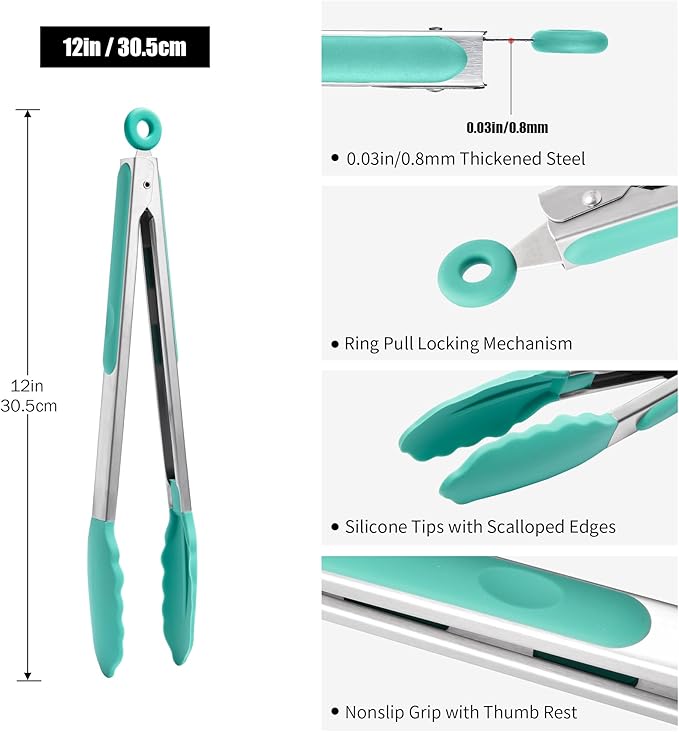 Doosu Kitchen Tongs for Cooking - 600째F Heat Resistant Food Tong with Non-Scratch Silicone Tips, Heavy Duty Stainless Steel Locking Tong for BBQ, Grilling Steak, Serving Salad, Pasta (12in, Aqua Sky)
