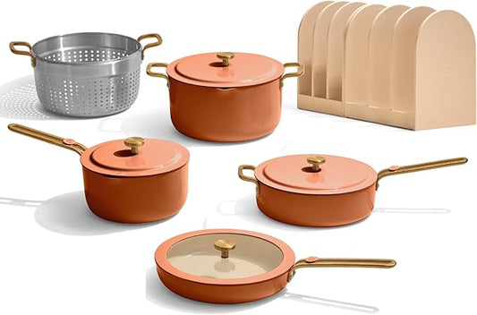 Our Place 11-Piece Essentials Complete Cookware Set - Ceramic Fry Pan, Saucepan, Saut챕 Pan, Stock Pot, Strainer Basket & Rack Storage | Thermakind??Nonstick, Oven Safe up to 450째F | Terracotta