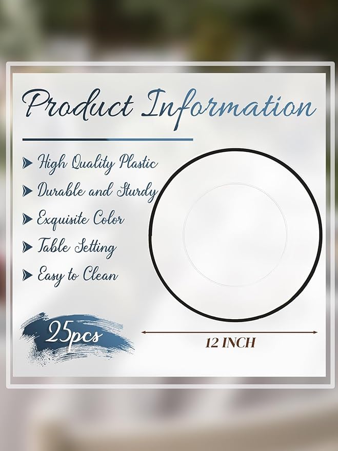 WDF 25 Pack Black Charger Plates - Clear Charges with Black Trim - 12inch Disposable Chargers Plates for New Year/Dinner Party/Wedding/Birthday