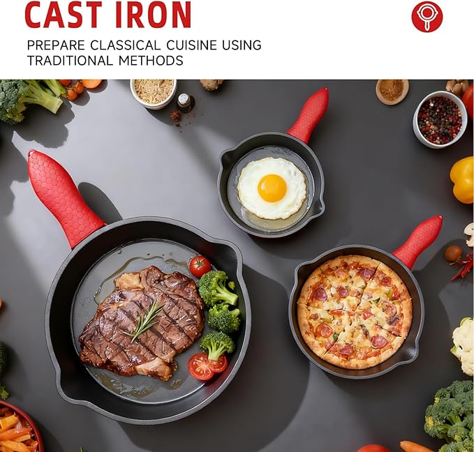 3 piece set, cookware set 6, 8, 10 Inches, for frying, saute, cooking, pizza & more, easy use in the oven, stove, grill, or campfire, black, with silicone heat-resistant cover