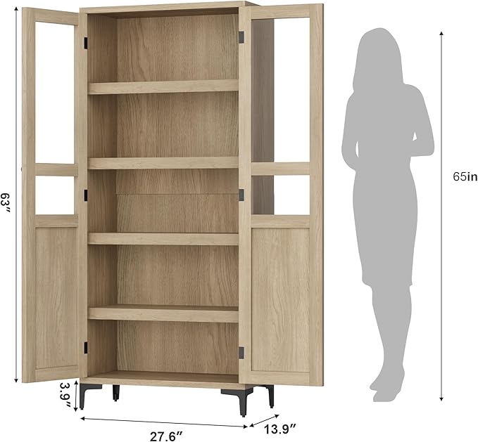 IDEALHOUSE Tall Storage Cabinet with Glass Doors, 71" Height, Adjustable Shelf, Light Oak Wood, Multi-Purpose Organizer for Kitchen Pantry and Bathroom (Natural Wood, 2 Doors with Glass)