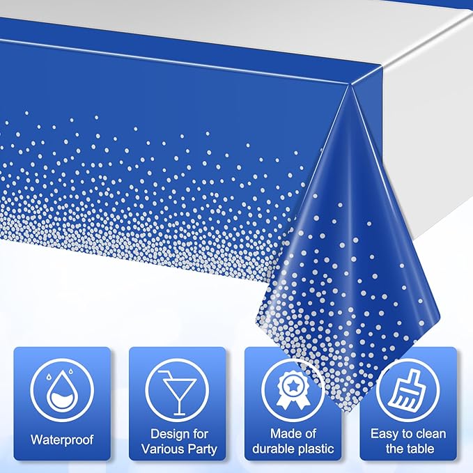3Pcs Blue and Silver Tablecloth Party Decorations,Plastic Royal Blue Table Cloth Printed Silver Table Runner Disposable Rectangle Tables Cover for Anniversary Wedding Graduation 2025 Party,54x108 Inch