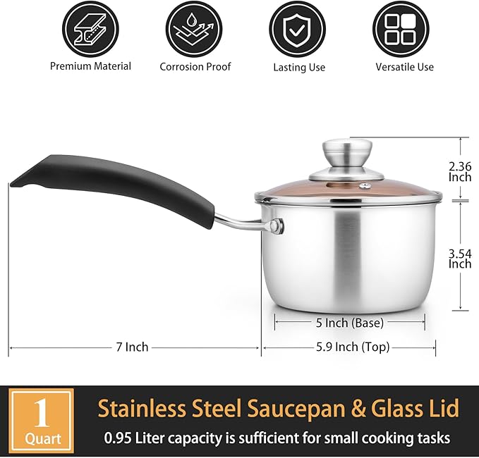 P&P CHEF 1 Quart Saucepan Small Pot, Stainless Steel Saucepan with Lid, Small Sauce Pan for Home Kitchen Restaurant Cooking, Visible Glass lid & Bakelite Heat-Proof Handles,Dishwasher Safe, 1 Pc