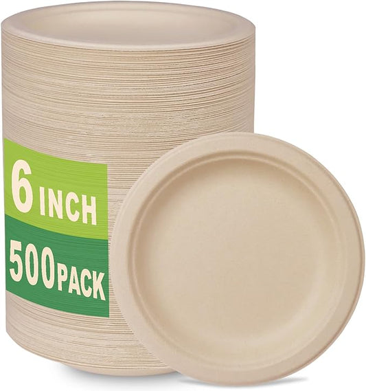 GreenWorks 500 Count 6??Small Compostable Dessert Plates, Heavy-duty Unbleached Biodegradable Bagasse and Bamboo fiber Paper Plates