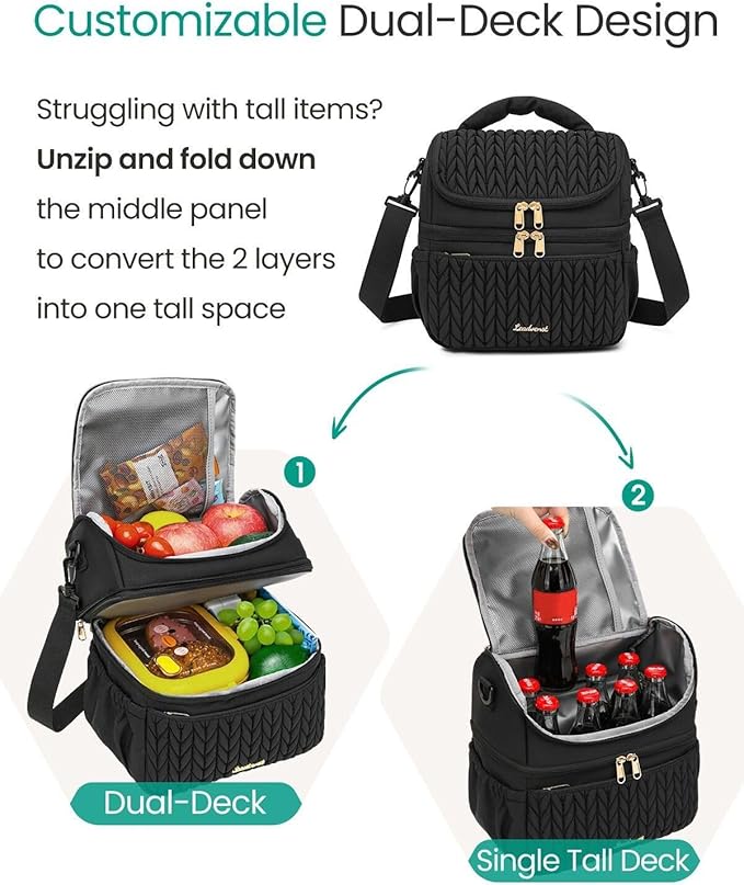 LEADVENST Lunch Bag Women, Double Deck Insulated Lunch Box - Large Capacity 12L with Detachable Divider for Tall Items, Leakproof, Durable & Reusable Cooler Bag For Work Picnic Travel, Quilted Black