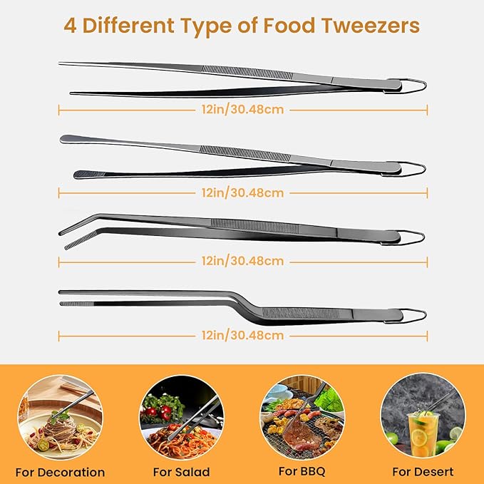 GEEKHOM Heavy Duty 12-Inch Metal BBQ Tongs: 4-Piece Commercial Grade Stainless Steel for Grilling & Turning (Black)