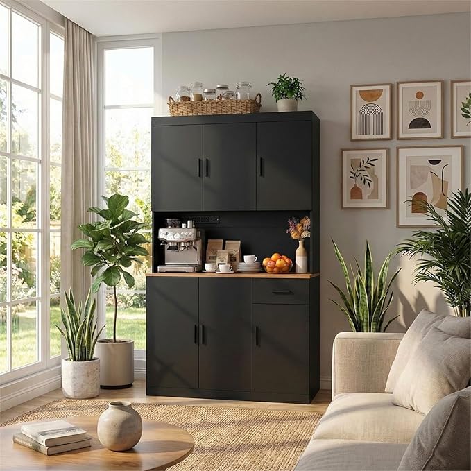 71 Inch Black Pantry Cabinet with Power Outlet, Heavy-Duty Freestanding Kitchen Storage Organizer with Reinforced Frame, Pantry Hutch for Kitchen, Dining Room, Living Room