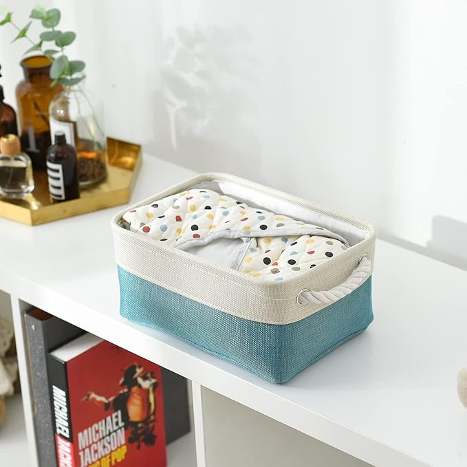 TheWarmHome Fabric Storage Bin with Handles,Storage Basket for Home Storage and Organization, Shelf Basket with Cover for Living Room Bedroom Decor Closet竊늋hite & Green,Small ,11.8L횞7.9W횞5.2H