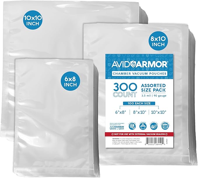 Avid Armor Chamber Vacuum Sealer Bags ??6x18", 8x10" & 10x10" ??300 Pack ??Heavy Duty Commercial Grade, BPA-Free Pouches for Sous Vide, Food Preservation, Meat Storage, Freezing, and Long-Term Storage