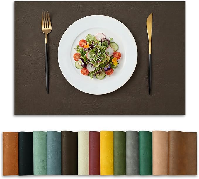 Artoid Mode Coffee Faux Leather Placemats Set of 4, 12x18 Inch Waterproof Wipeable Heat Resistant Place Mats, Reversible Table Mats for Kitchen Dining Decor