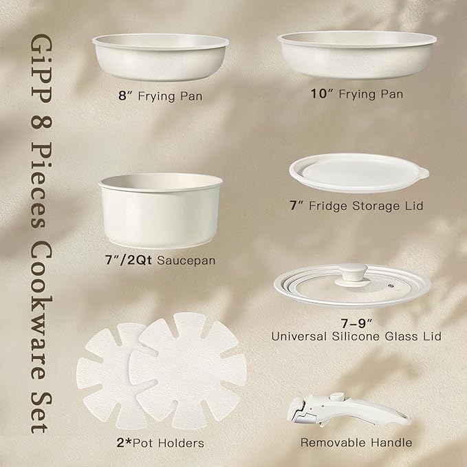 GiPP Ceramic Pots and Pans Set Non Stick, Nonstick Detachable Handle Cookware Sets, Healthy Non Toxic PFAS PFOA & PTFE Free, Dishwasher 竊냀ven Safe, Induction Kitchen Pot and Pan, 8 Piece Cream