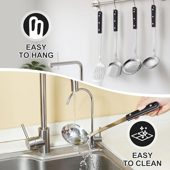 Pleafind 4-Pcs Cooking Utensils Set, Stainless Steel Kitchen Utensils, Mirror Polished Kitchen Essentials Set Include Wok Ladle, Slotted Spoon, Wok Spatula 竊냆lotted Spatula, Dishwasher Safe