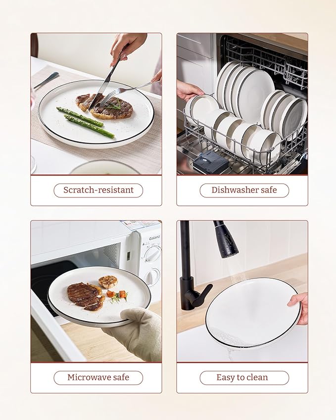 Famiware Porcelain Dinnerware Set, 12-Piece Modern Plate and Bowl Set, Dish Set for 4, Microwave and Dishwasher Safe Tableware, White with Black Trim