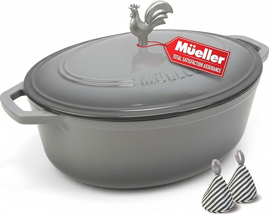 MUELLER HOME 5.5 Quart Enameled Cast Iron Oval Dutch Oven with Rooster Knob & Cotton Potholders, Heavy-Duty Cookware, Oven-Safe up to 500째 F & Across All Cooktops, Gifts for Grandma & Women, Gray